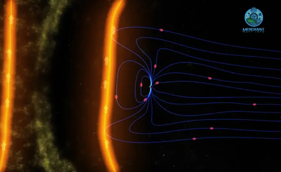 An illustration of Earth's magnetic field shielding our planet from solar particles - Merchant Navy Info